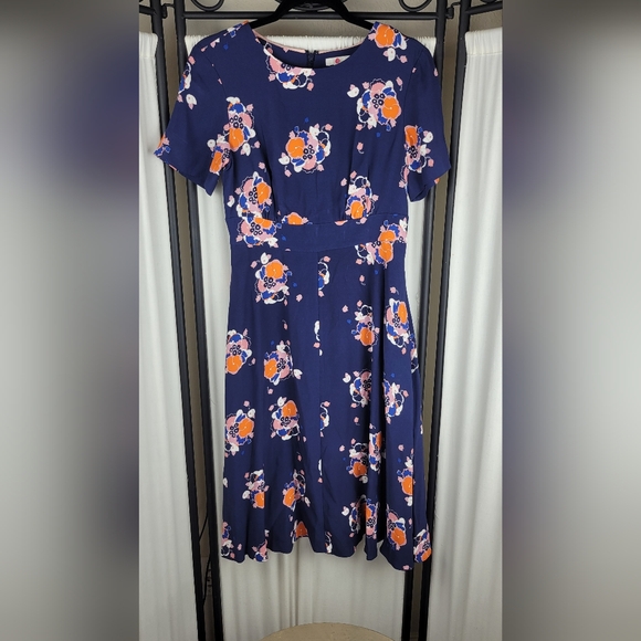Boden Floral S/S Fit and Flare Dress, Size 6P, Blue with Orange/Pink‎ Flowers - Picture 1 of 9